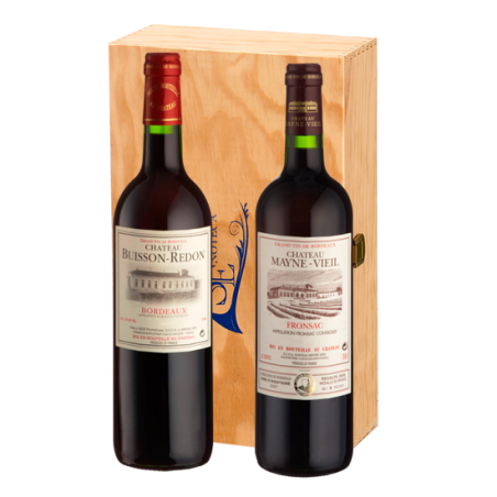 Squillari     DUETTO FRANCIA - Cassetta in legno naturale Squillari con 2 bottiglie di vino rosso francese da 75 cl