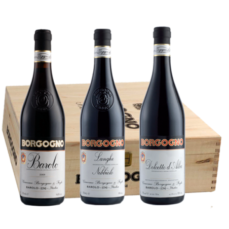 Borgogno     Cassetta in legno con 3 bottiglie di vino piemontese BORGOGNO - 3 x 75 cl