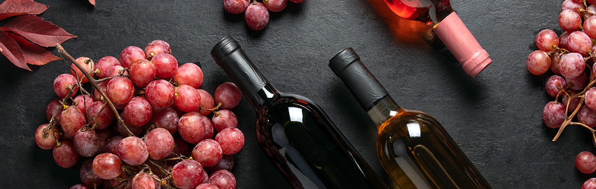 bottiglie di vino e uva